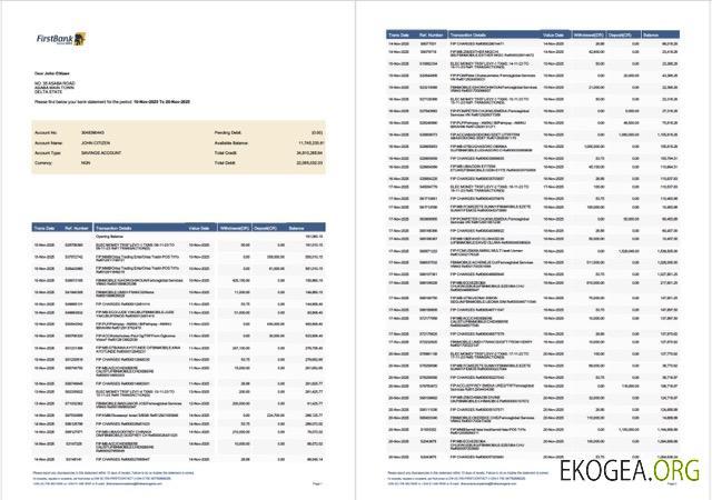 Relevé de compte Nigeria First Bank Modèle Word et PDF, 2 pages template